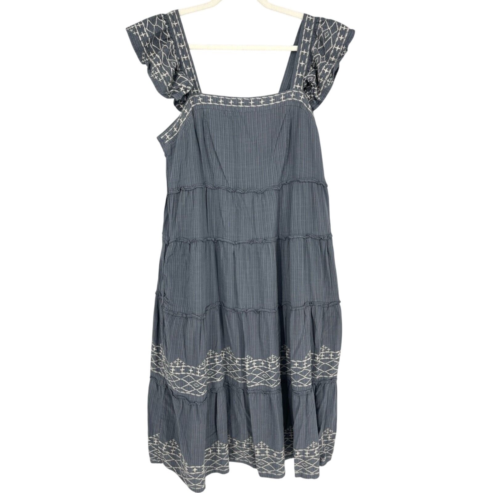 Knox Rose Dress Womens Medium Blue-Gray Embroidered Ruffle Sleeve Tiered Midi